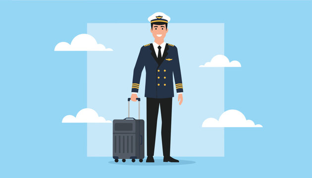 Smiling professional airline pilot in blue uniform holding a suitcase against a sky blue background with clouds.