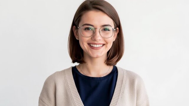 Cheerful young woman with glasses and short bob haircut smiling warmly in casual setting