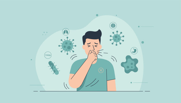Sick cartoon man coughing with medical icons of viruses and body organs representing a contagious infection.
