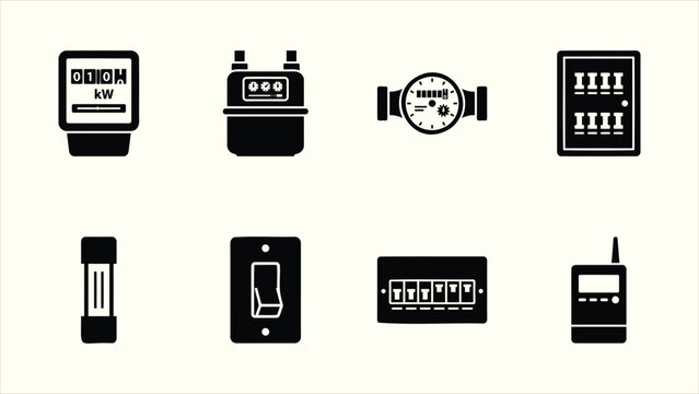 Utility and electrical meter solid vector glyph icon set collection