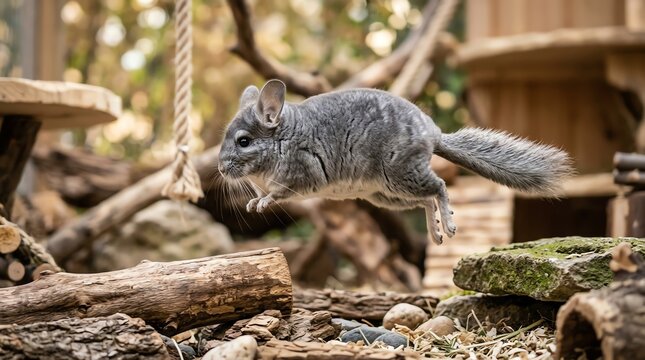 Grey chinchilla jumping in a natural habitat