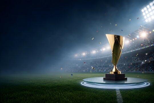 Modern Golden Trophy on Glowing Podium in Crowded Stadium for Championship Celebration and Sports Victory