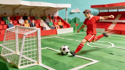 Obraz premium Paper Craft Football Player Kicking Ball Towards Goal