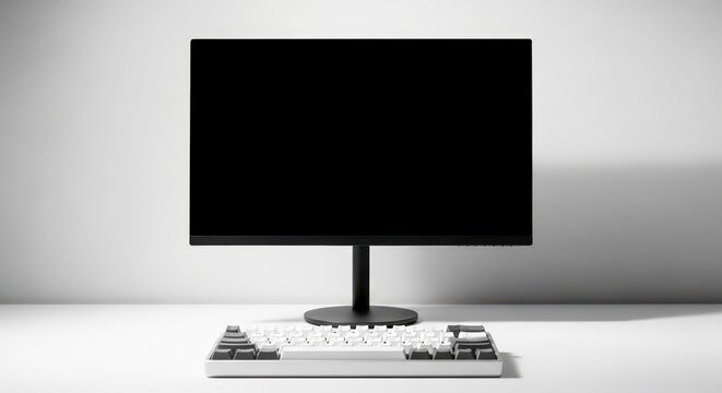 Computer monitor and keyboard on desk.