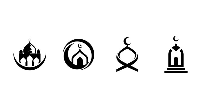 Black silhouettes of mosque icons with crescent moon