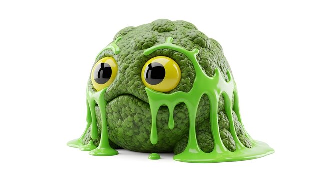 3d illustration of a cute green monster character covered in dripping slime