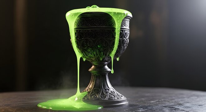 Ornate metal chalice overflowing with glowing green magical liquid