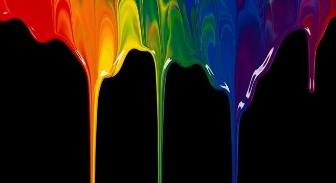 Vibrant rainbow paint dripping down on a black background