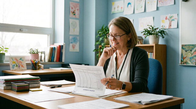 Teacher Reviewing Student Grading Summary on Phone at Desk