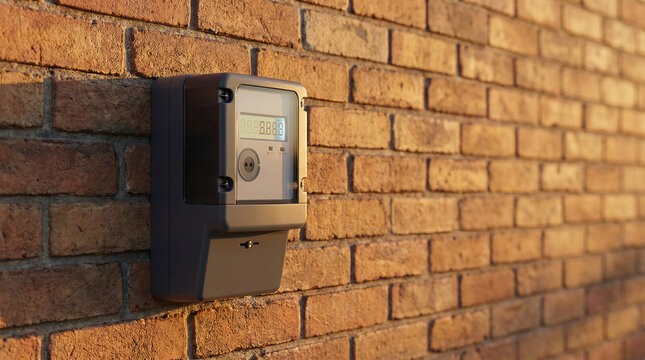 Close-Up of Smart Electricity Meter Mounted on Brick Wall