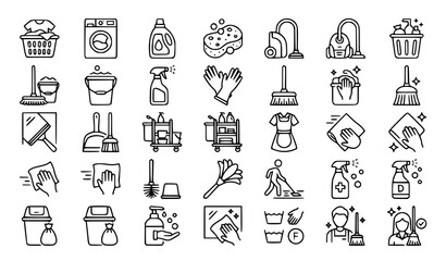 Cleaning Line Icons Set with Laundry Housekeeping Vacuum Cleaner and Maid Equipment Symbols © MdShojib
