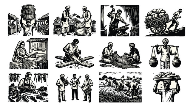 Traditional people conducting various daily activities and manual labor tasks in multiple locations including farming smithing woodcutting trading and music performances for cultural heritage