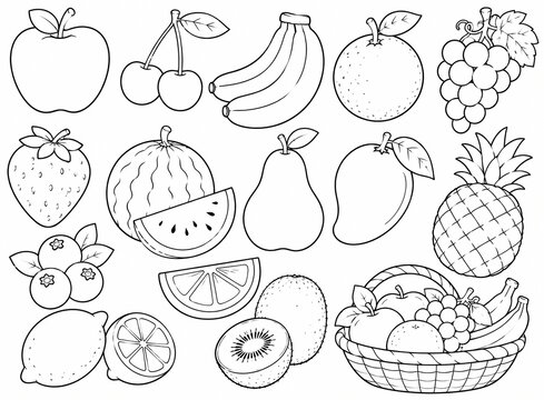 Mixed fruits line art set coloring page with apple cherry watermelon pear pineapple and fruit basket outline illustration