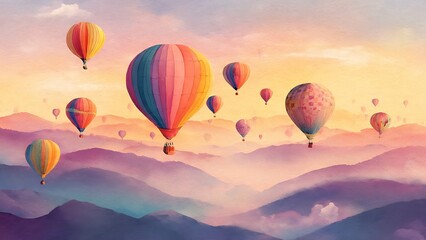 Fototapeta premium Hot Air Balloons Flying Over Mountains at Sunset Landscape