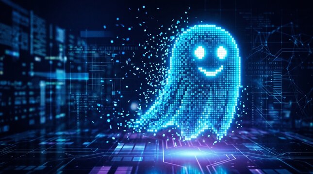 Glowing blue pixelated ghost with a smiley face in a futuristic digital environment with circuit boards and code