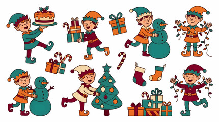 Fototapeta premium Cute Cartoon Christmas Elves Making Snowmen, Decorating Tree and Holding Gifts with Festive Holiday Elements, Vector Illustration