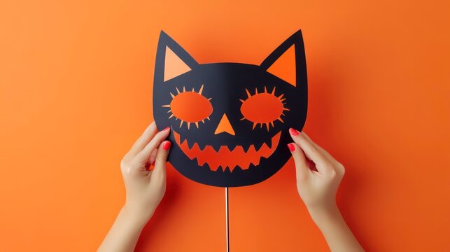 Funny face of monster with cat mask and vampire smile on orange background. Female hands are holding paper photo props on canvas. Party carnival accessories for celebration happy halloween.