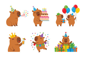 Obraz premium Cute capybara birthday party celebration vector illustration set. Happy capybara characters with cake, balloons, gifts, and party blower clip art