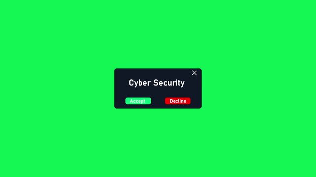 Cyber security pop-up notification window with accept and decline buttons on green screen data protection