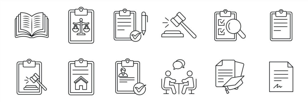 Legal docs icon set. Showing adjudication, signatures, justice symbols, verification, approval and official documentation processes. Solid vector icons collection.