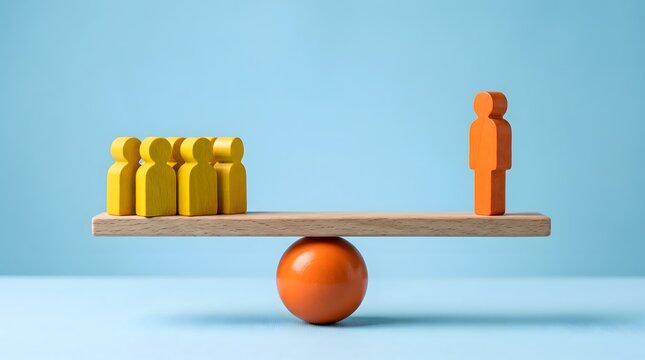 Leadership leverage. Orange figure outweighs yellow team on seesaw.