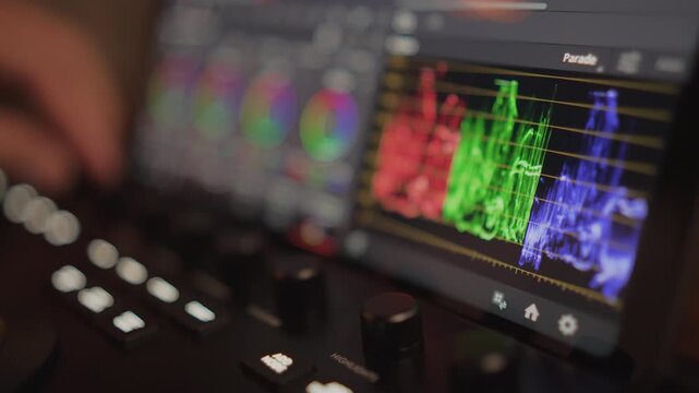 Arc shot panning from side profile to front view of tablet screen showing color wheels and RGB scopes a dark studio with a warm background glow.