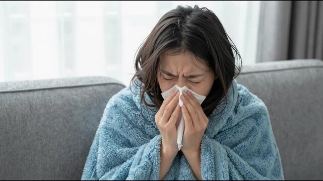 Sick day at home. Asian woman has runny and common cold.