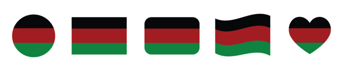 Fototapeta premium Panafrican flag colors in various shapes including circle, rectangle, rounded rectangle, wavy flag, and heart isolated on transparent background
