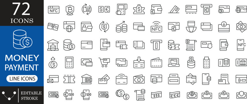 Money payment line icons set featuring 72 finance banking credit card and transaction vector symbols with editable stroke