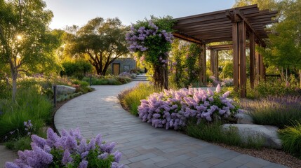 Fototapeta premium Serene Garden Pathway Surrounded by Lush Purple Blooms Under Soft Golden Light