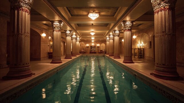 Indoor swimming pool with columns and lights