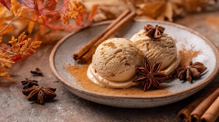 Fototapeta premium Elegant Plating of Spiced Ice Cream Scoops with Star Anise and Cinnamon on a Ceramic Plate