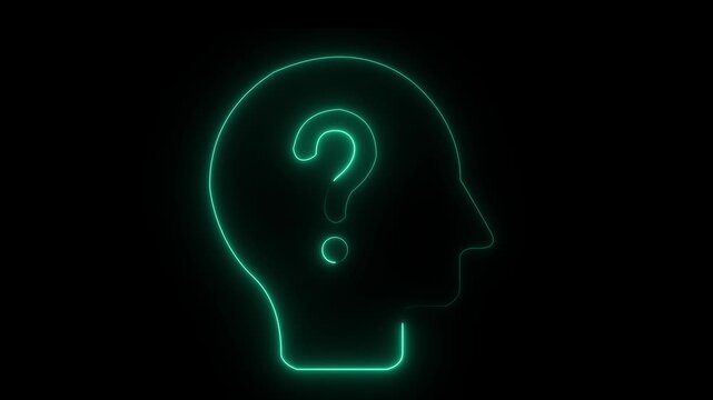Animated green neon outline of a question mark inside a head silhouette