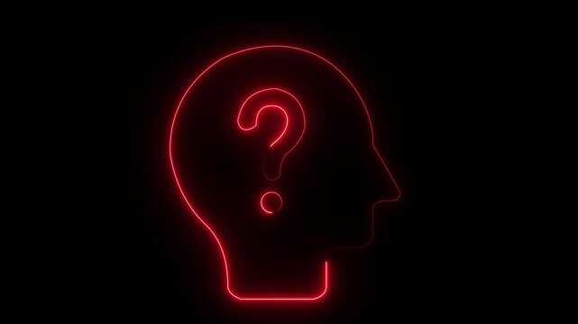 Animated green neon outline of a question mark inside a head silhouette