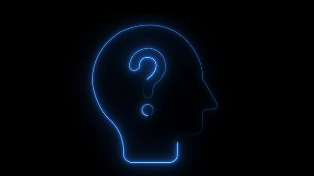 Animated green neon outline of a question mark inside a head silhouette