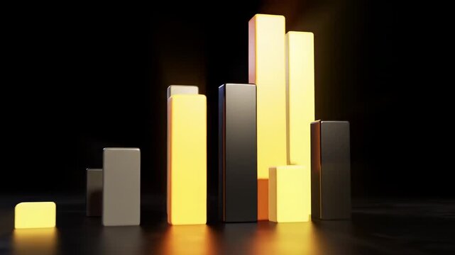 Arranged rectangular bars in a dark environment, symbolizing growth, data visualization, and financial progress, with dramatic lighting.