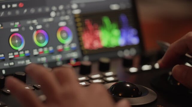 Close up of colorist hand with stylus adjusting control surface knobs with blurry color graphs and wheels screen