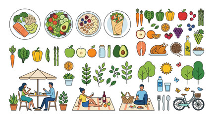 Fototapeta premium Collection of Healthy Food Icons and People Enjoying Outdoor Picnics and Dining Experiences in Modern Flat Illustration Style