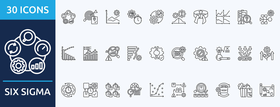 six sigma - Icon Collection. Thin outline Set contains such Icons as define, measure, just in time, improve, specification limit  and more. Simple web icons set
