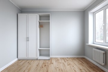 Fototapeta premium Modern white wardrobe and window in an empty room.