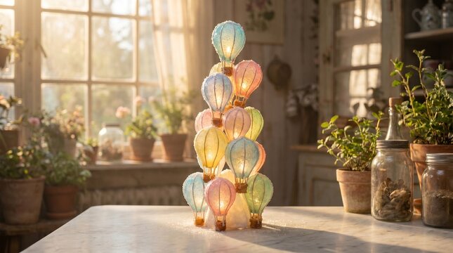 Decorative Glowing Hot Air Balloon Stack in Cozy Indoor Setting