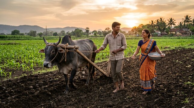 Indian Farmer Couple Plowing and Sowing Field at Sunset
