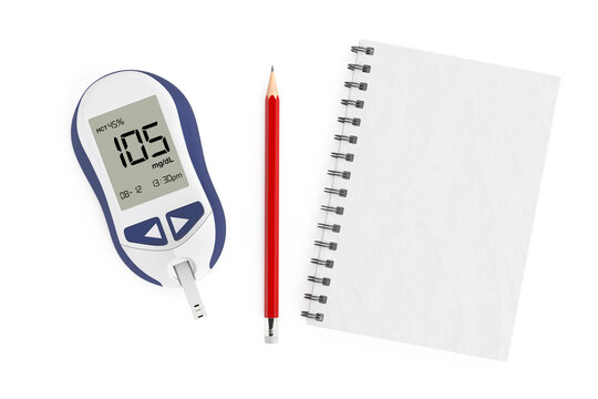 Diabetes Monitoring And Health Tracking Concept. Digital Glucose Meter With Test Strip, Red Pencil And Blank Spiral Notebook. 3d Rendering