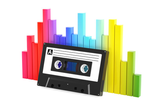 Music And Audio Technology Concept. Retro Cassette Tape Surrounded By Colorful Equalizer Bars On White Background. 3d Rendering