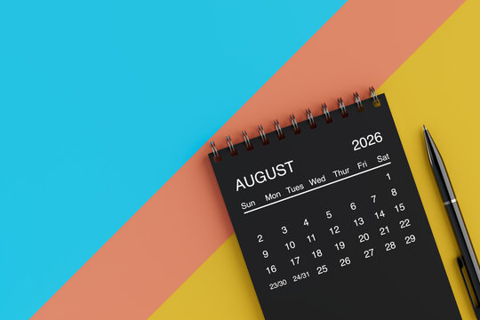 Black Flip Monthly August 2026 Business Calendar with Black Pen. 3d Rendering