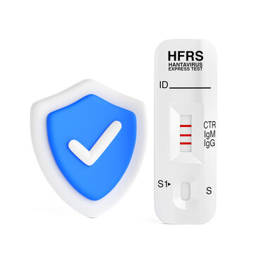 Hantavirus Diagnostic Protection Concept. Positive HFRS Rapid Test Cassette With IgM And IgG Lines Beside Blue Shield Checkmark. 3d Rendering