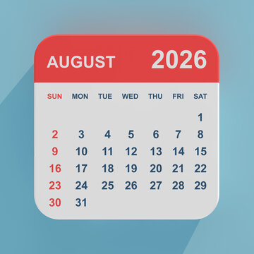 Flat Icon Calendar August 2026. 3d Rendering