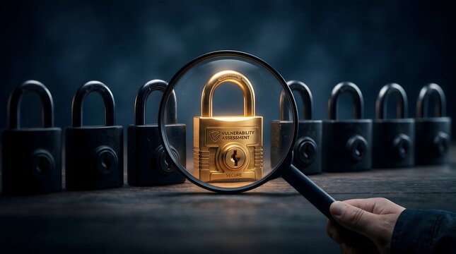Vulnerability assessment concept with magnifying glass on secure lock
