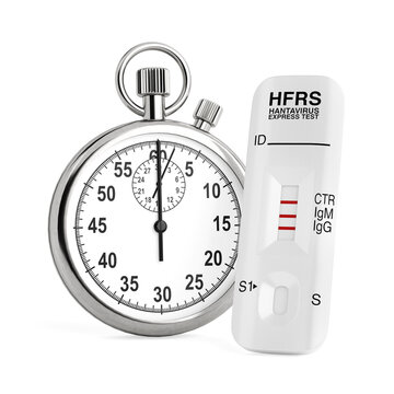 Hantavirus Diagnosis Concept. HFRS Rapid Test Cassette Beside Stopwatch. 3d Rendering