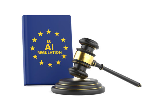 European AI Regulation Concept. Blue EU Law Book With Yellow Stars And Judge Gavel. 3d Rendering